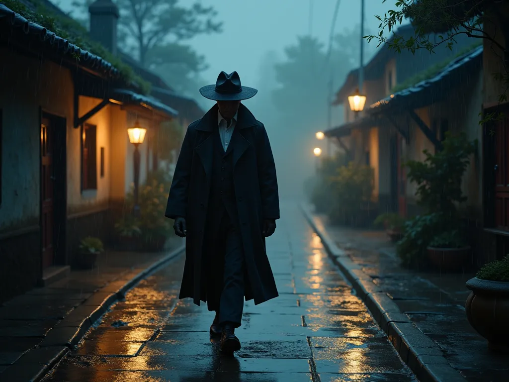 A mysterious man with a hat walking in a village in the rain