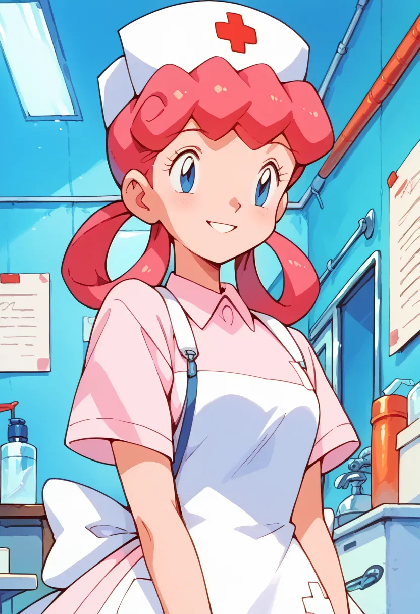 masterpiece,High Resolution,top quality,8k
(Miss Joy,pink hair,hair rings,blue eyes)
(detailed face)
(nurse costume)
smile