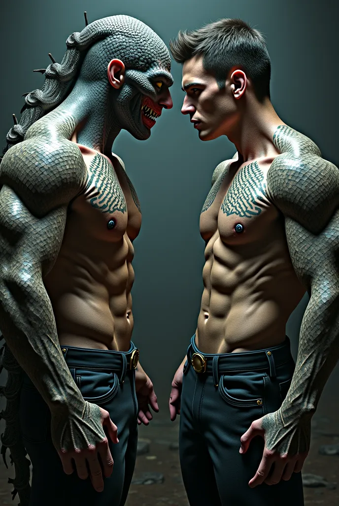 Muscular tattooed man and handsome lad with zombie teeth replace tattoos with snake scales, snake eyes and werewolf claws, scales on his chest and back. 