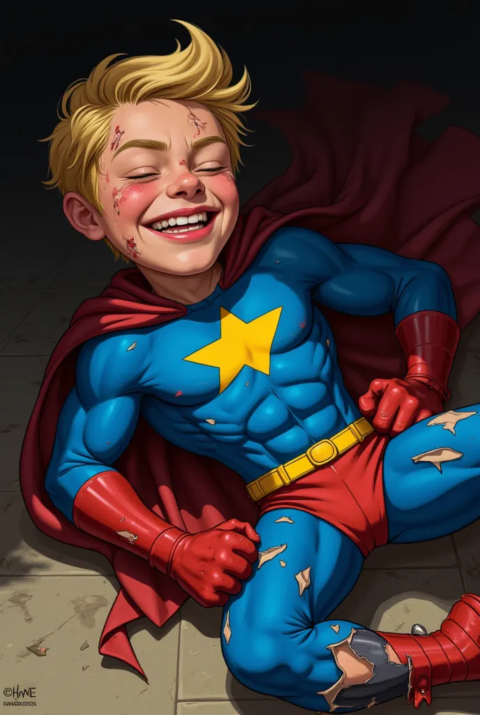 Cartoon: A blond-haired boy, wearing blue spandex suit with yellow star on his chest, red cape, red gloves, red underpants, red boots. Ripped suit. Beaten unconscious. 