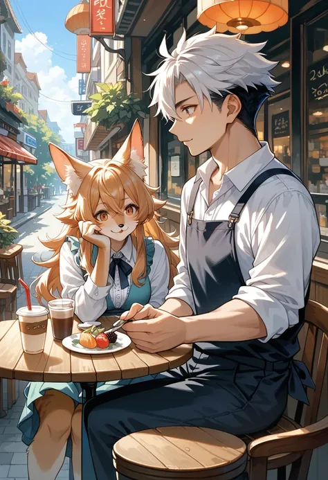 rating_safe, score_9, score_8_up, score_7_up, score_6_up, score_5_up, score_4_up, hires, source_furry(kemono, boy, girl)cafe Terrace, drink, coffee, staff,