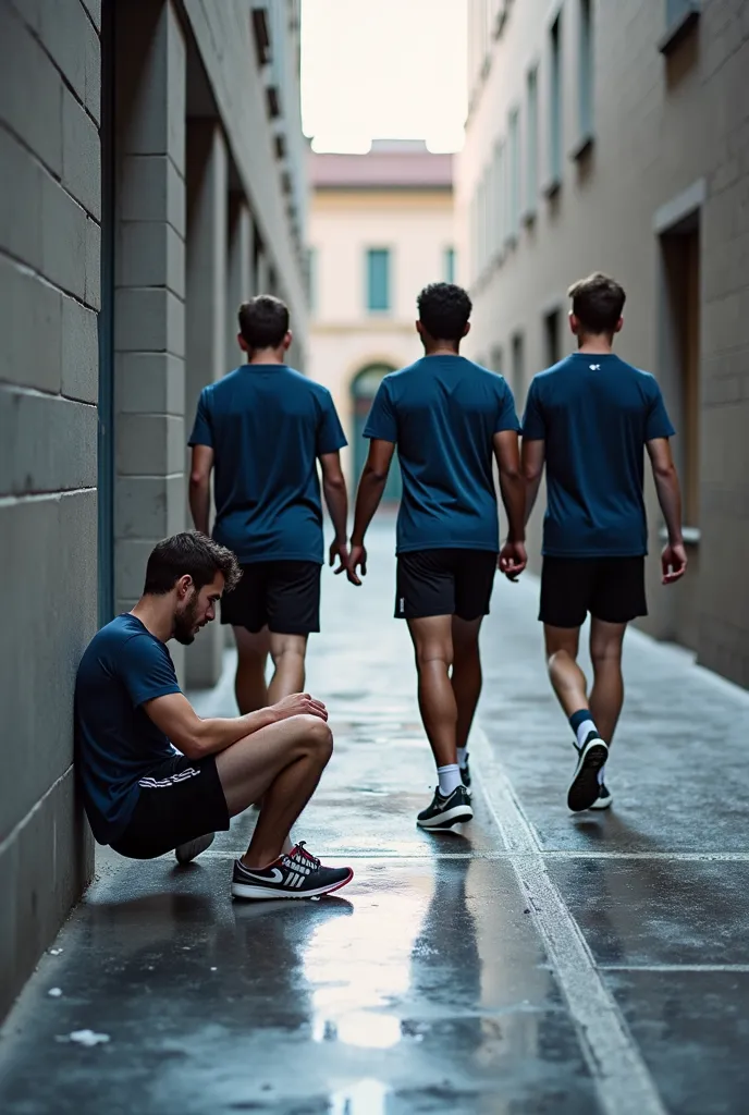 Dans un couloir, des jeunes hommes sportifs en Nike boueuses, marchent et piétinent les documents jetés par terre  d’un étudiant assis par terre à côté d’eux Les pieds sur ses documents froissés et couverts de boue.