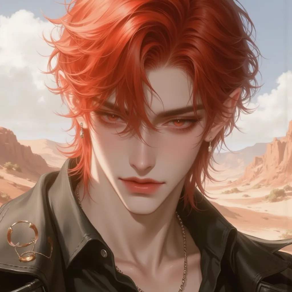  Male, 1 person, Age 27 years ,  numb face, Bright red hair, , fierce venomous eyes, red, Big figure, Deserted place background, golden sunshine, Pointed ears ,  casting,  slightly turned to the side , open your mouth a little