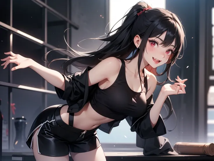 Young vampire girl, learning in high school, looks sportive, friendly, very attractive. She has a bit red eyes, 2 long fangs, long black untied hair, large breasts, big butt, athletic body. Wears black tank top, black cropped open jacket, tiny baggy black ...