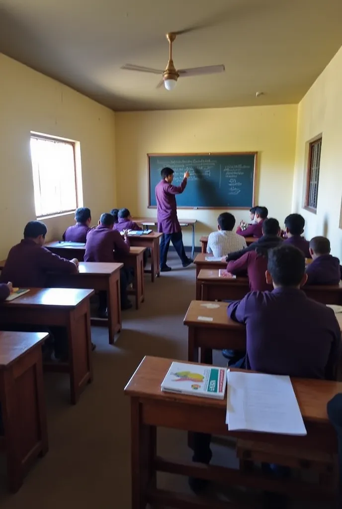 A small classroom near a bus stand, filled with students studying. A teacher is at the board, explaining something. The students look focused.
DALL·E Command:

json
Copy code
{
  "prompt": "A small classroom near a bus stand, filled with students studying....