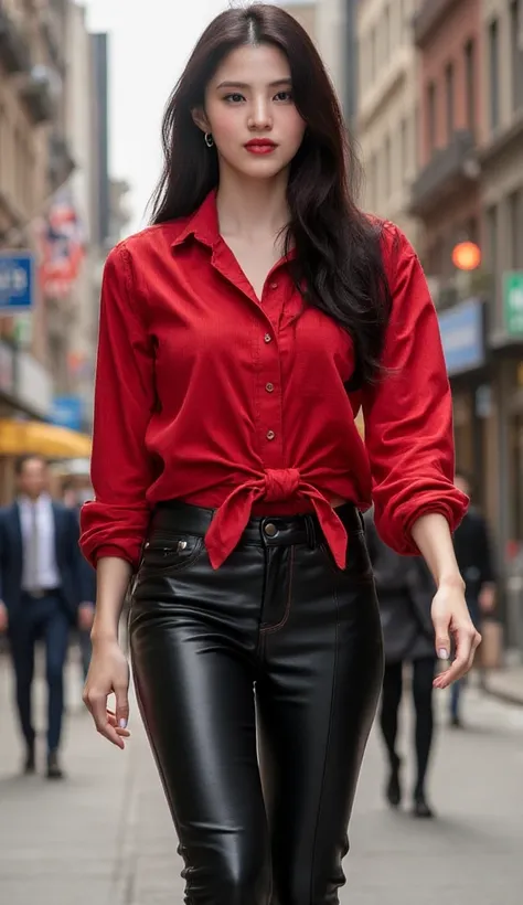 an office lady, walking in the middle of the city,  front facing, wearing a red casual shirt, using long latex pants, big boobs,  slim waist, red lips,