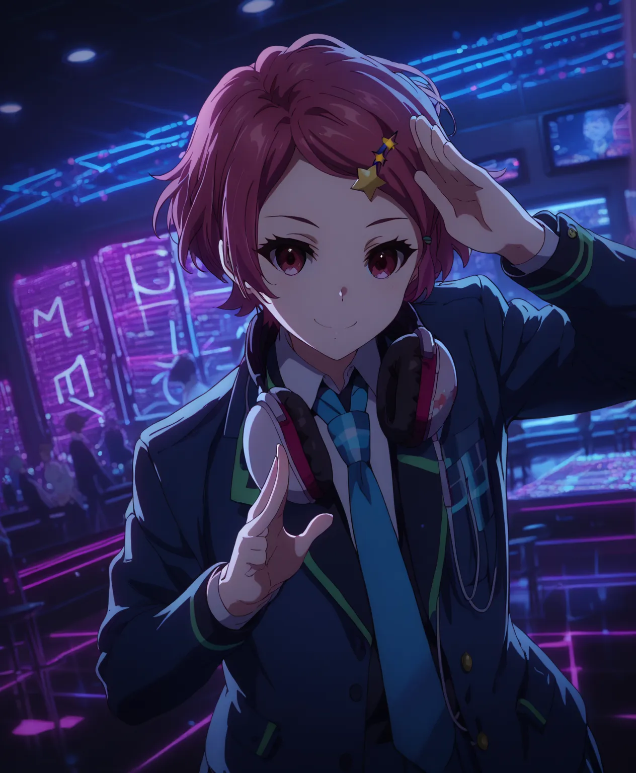  koito minase,1girl,solo,smile,headphones around neck,headphones,necktie,short hair,hair ornament,hairclip,star (symbol),star hair ornament,looking at viewer,school uniform,jacket,lowlight,low light,oily skin,shiny_skin,upper body,smile,good_hands,pantyhos...