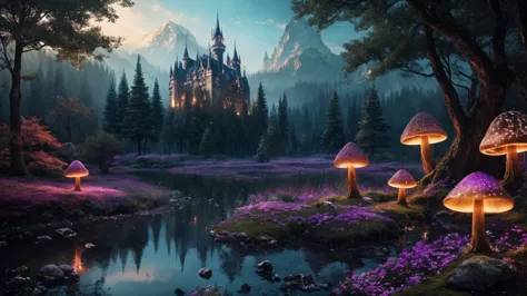 A dreamlike fantasy landscape, a surreal forest with glowing mushrooms, (and a whimsical castle in the distance), 1girl, detailed face, beautiful eyes, long hair, detailed dress, walking through the mystical scenery, (best quality, 4k, 8k, highres, masterp...