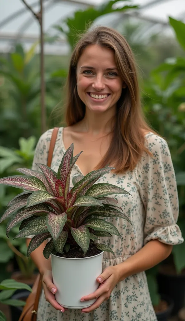 A natural-looking woman, 35 years old, with an enchanting, spontaneous smile,  she wears light and comfortable clothes , often with floral prints or earthy tones, matching the naturalistic vibe. with straight natural light brown hair. Exploring a plant fai...