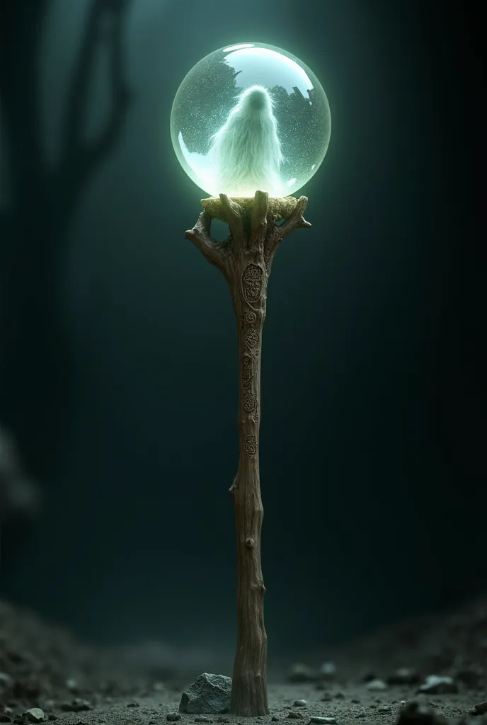 simple wooden staff, with a crystal ball on the tip with a Banshee inside