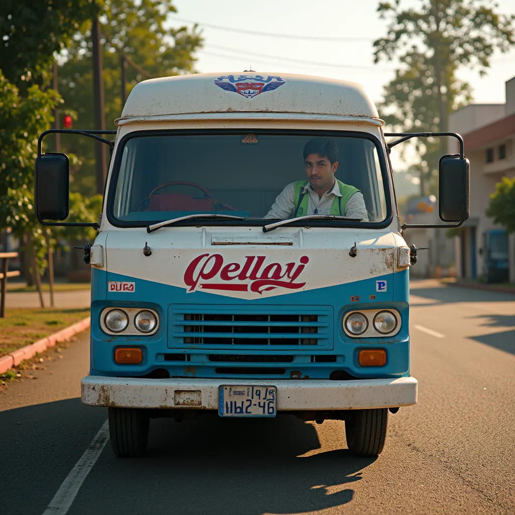 A photo of a driver sitting inside a Peeli logo on the front of a truck. The driver is wearing a hat and a shirt. The truck is parked on the side of a road. The background contains trees and buildings. The lighting is natural.