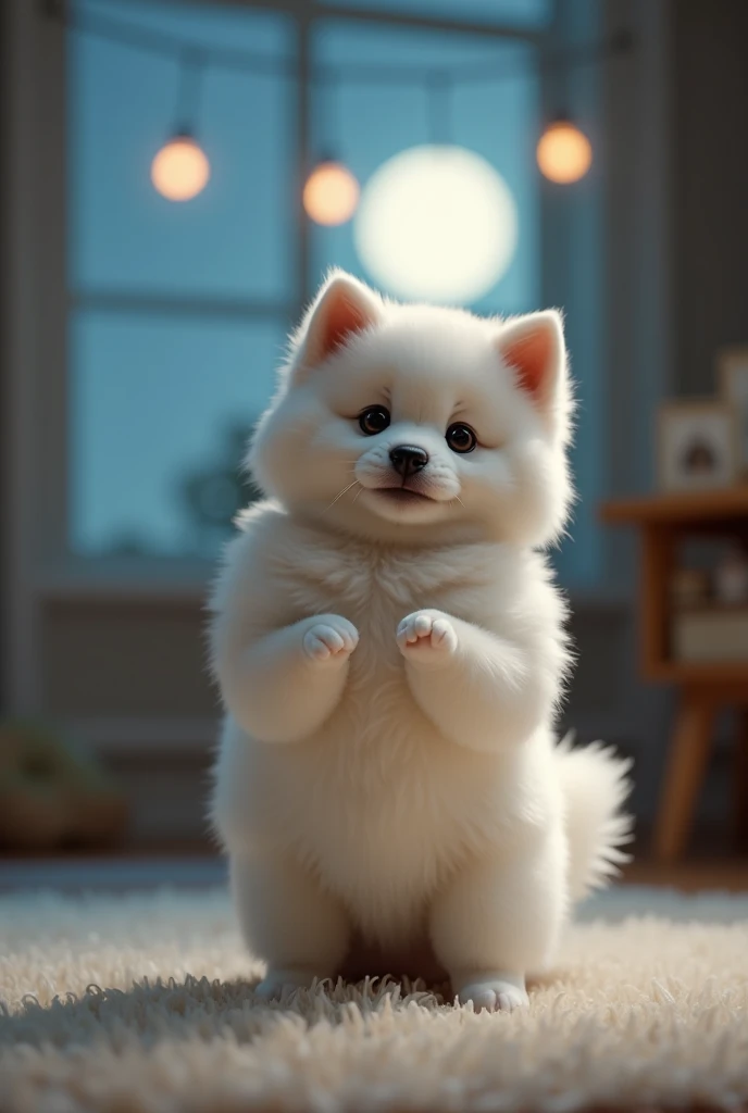 masterpiece、small Akita dog puppy standing facing forward、with legs raised。
Little white cat with big eyes and cute , Human-like facial expression。  with a head slightly larger than the body  。 short limbs 。 on a panett's fluffy, Big tail。
white pajama out...