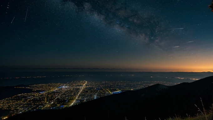  night landscape , nature,  fireflies flying everywhere, cloudless sky, Stars shining in the distance, seen from the top of a mountain