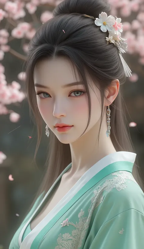 Arrogan character, arrogant demeanor, half-body portrait, mature woman, cool beauty, living expressions, cold gaze, look down, shiny silky, long hair, earrings, Petals hair ornament, captivating eyes, aqua eyes, hourglass figure, iridescent various effects...