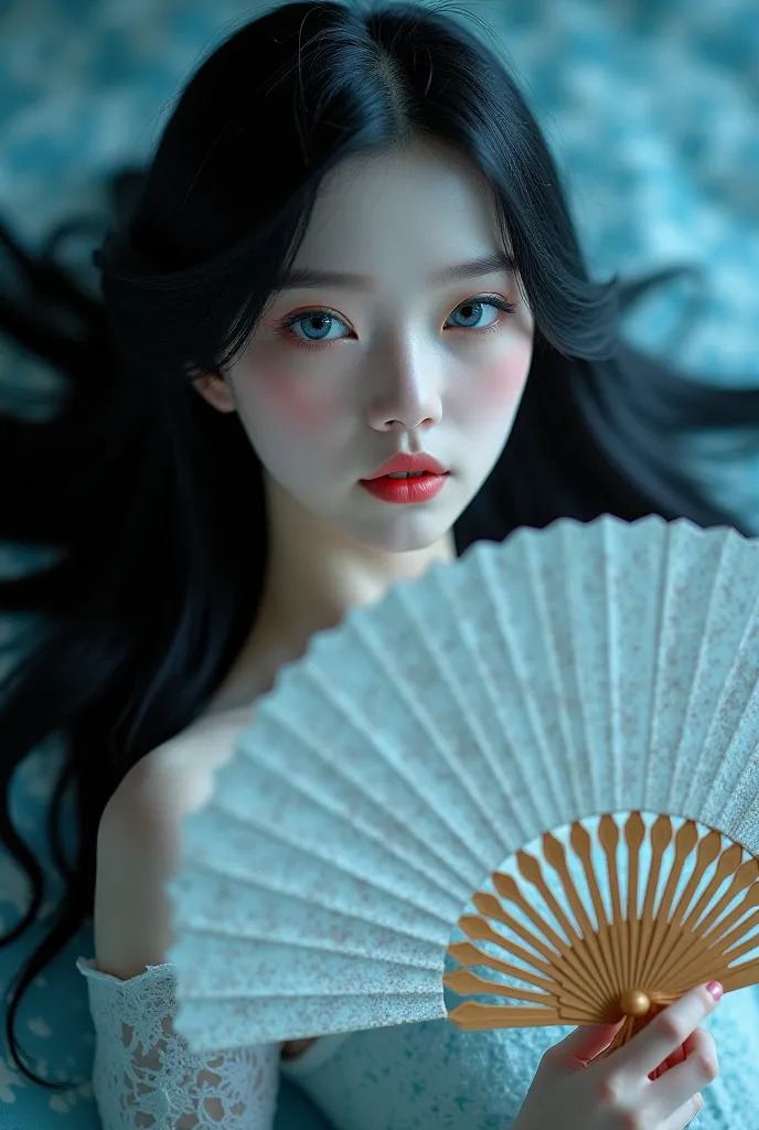  A girl, handle a patterned fan. She has long, straight black hair, snow white skin and bright topaz blue eyes. Her beauty is very charismatic and mysterious, creates a ghostly and seductive air. She is relaxing in a graceful pose, brings serenity and ench...