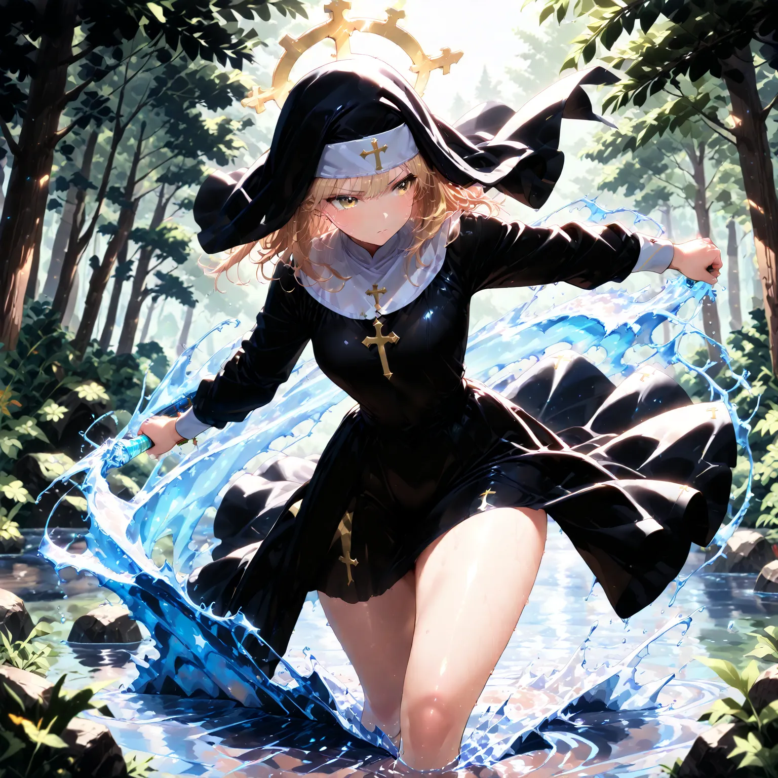 masterpiece, (((( best quality )))),shiny skin, action, ,forest,nun,humid,water, Fantastic, thick legs,xss