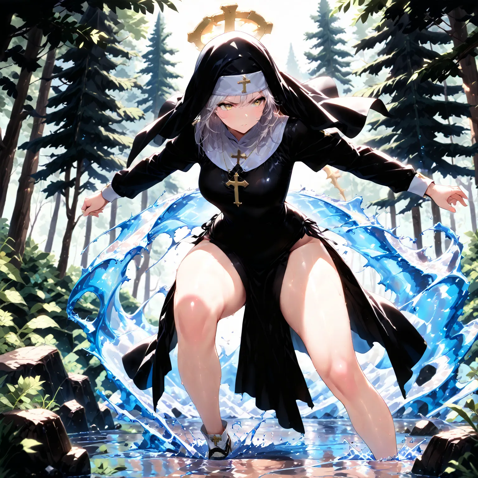 masterpiece, (((( best quality )))),shiny skin, action, ,forest,nun,humid,water, Fantastic, thick legs,xss