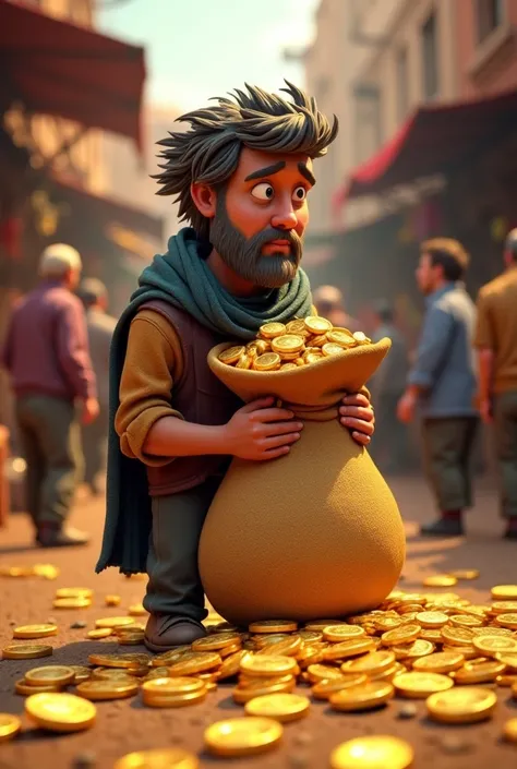 The Lost Gold

A poor merchant in a crowded marketplace finds a bag full of gold coins. He faces a test of faith—should he keep it or return it to its rightful owner?
3d animated style 