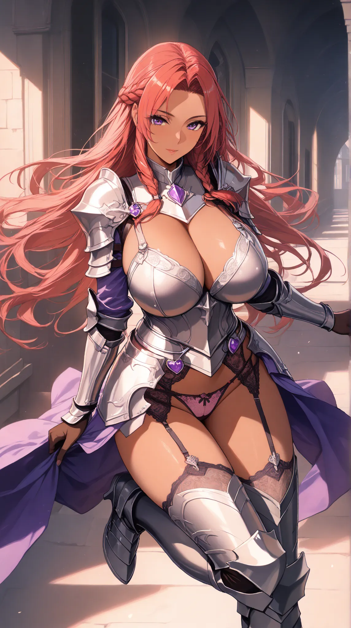 ((4K, 8k, Ultra HD)), ((Masterpiece :1.2)), ((Best quality :1.2)), ((Detailed :1.5)), super high resolution,((A beautiful and sexy female knight)),((Red long hair)), (Braided Hair),( huge breasts), ((brown skin)),((Highly Detailed Silver Armor)),(very deta...