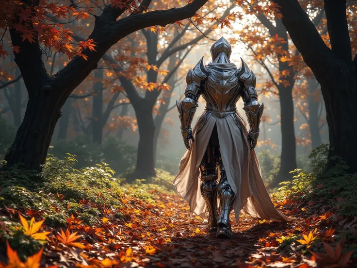  beautiful nature , Maple Leaf Full Floor, knight, Silver Iron Armor, Medieval English Style, rear view, Walk to the tree, images, movies, Masterpiece, Clear Detail, 8K resolution.