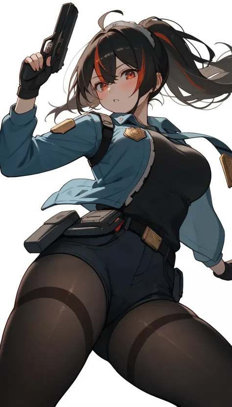 score_9, score_8_up, score_7_up, score_6_up, score_5_up, score_4_up, (masterpiece: 1.0), best quality, 1girl , Alone, Viewer, simple background, expression of disapproval, Victory Gesture , Running action, blush, Disdainful Eyes, From below, Black Stoc...