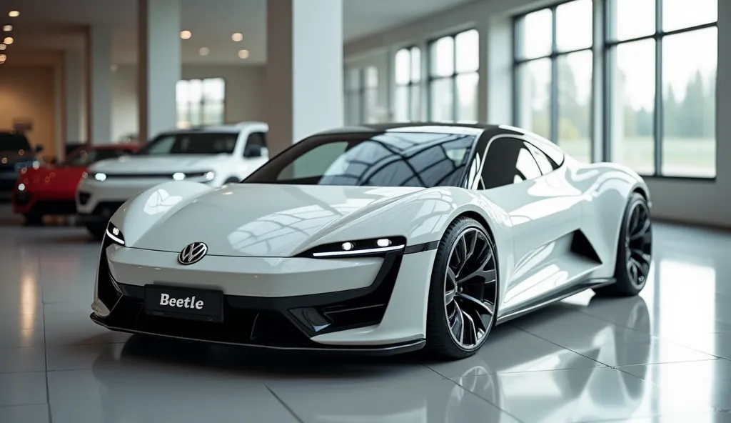 "A realistic, high-quality image of a modern sports car seen from the front left right side view, resembling a  2025 Volkswagen Beetle The car is oily oily white with glossy paint and a sleek, aerodynamic design. It has . The Volkswagen logo is displayed p...