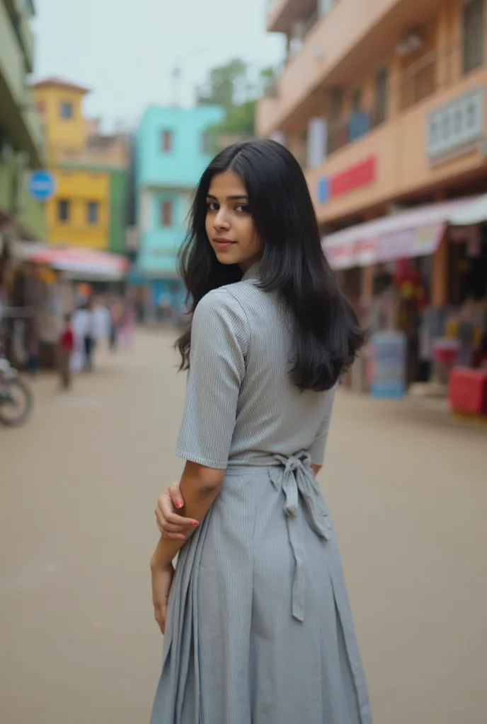 Beautiful ((White)) Indian  girl, , in indian school uniform, realistic photo, large breasts , standing and looking back, indian street,  detailed hands and face and eyes, looking away, full body, full body shot, 16k UHD
