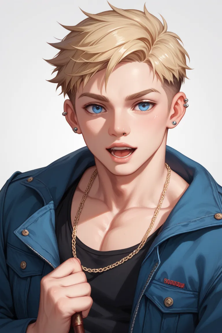 A young Russian man with blonde blue eyes, dark eyes but still looking good, dressed in rocker style, short wolf cut hair, pierced two ears and pierced nose. The face is sinuous, but not so much, the model is muscular but not so much, with a flared chest, ...