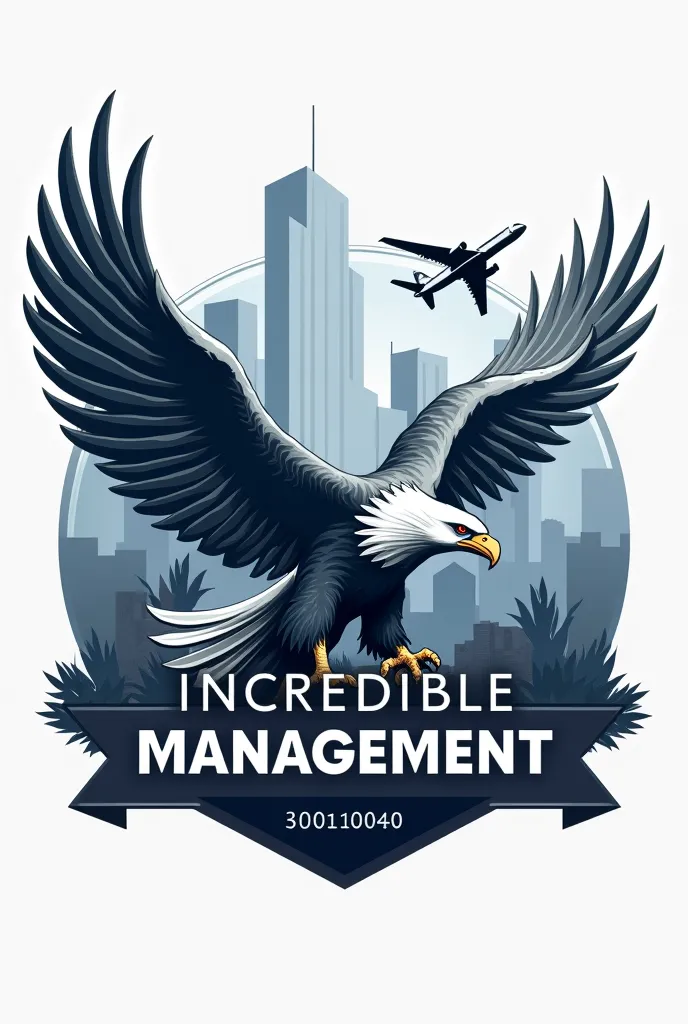 A logo with a silver eagle on the side, some background buildings and an airplane, all in shades of blue and gray, with the following sentence in the middle of the logo: Incredible Management