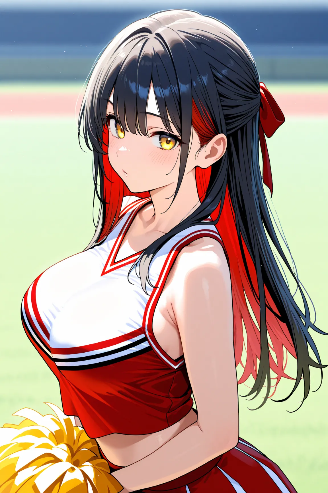 1woman,black hair,long hair,half updo,red inner hair, best quality,high resolution,yellow eyes,large breasts,cheerleader