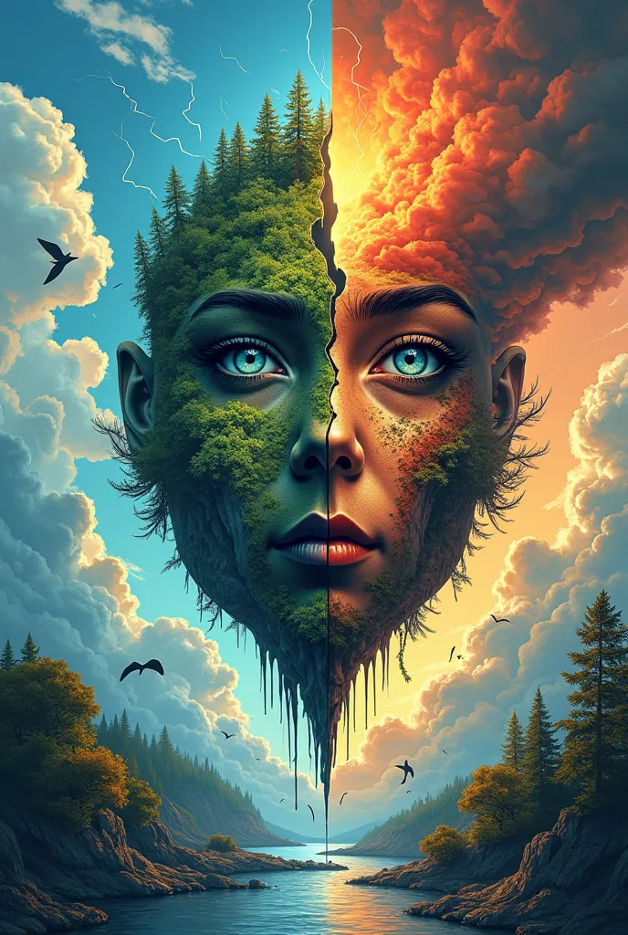 Create a visually striking digital illustration-style poster inspired by the phrase 'The voice of the climate, the image of nature.' The artwork should be rich in detail, symbolic, and thought-provoking.

At the center, depict a large cracked face made of ...