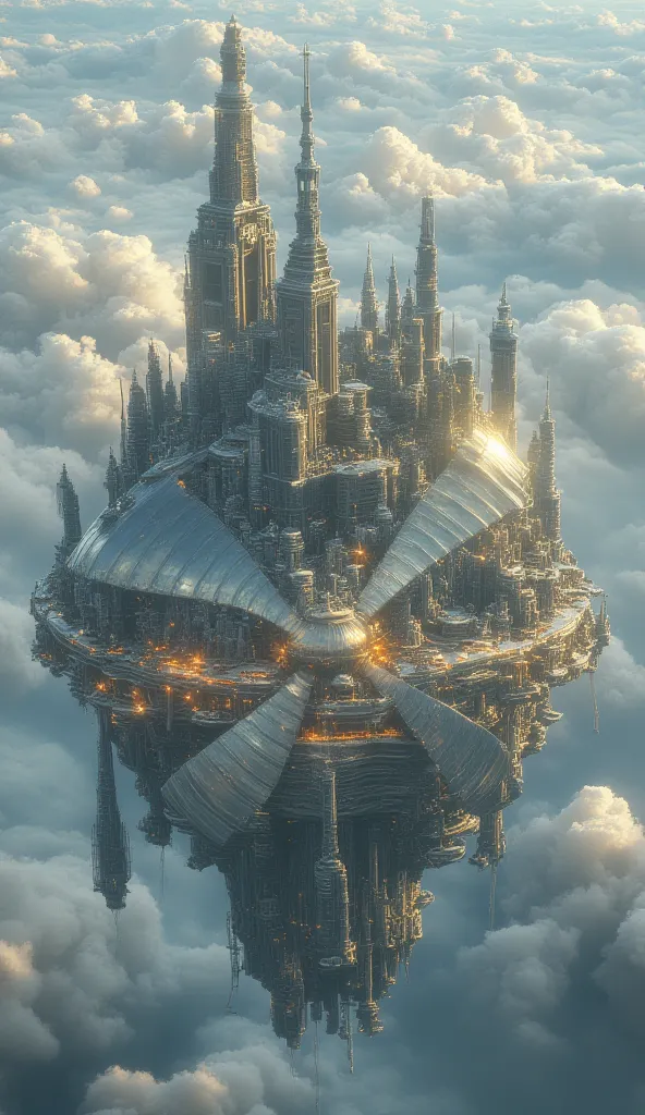 a floating city in the sky, giant fan propeller underneath