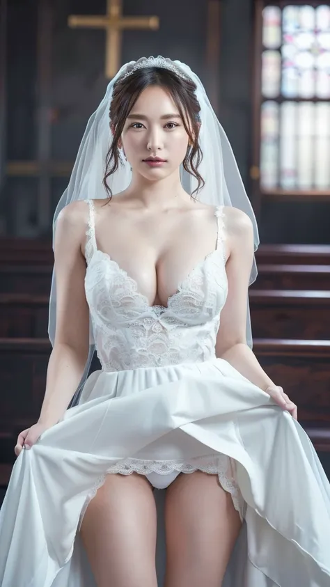 cowboy shooting、the wind is blowing、In front of the church、 clear、 clear空、 Paper blowing snow、(Big Breasts:1.4)、(((bride)))、((white wedding dress))、((wedding style))、((( congratulations on marriage)))、top quality,(RAW photo:1.2)、(realistic:1.4),(High Resol...