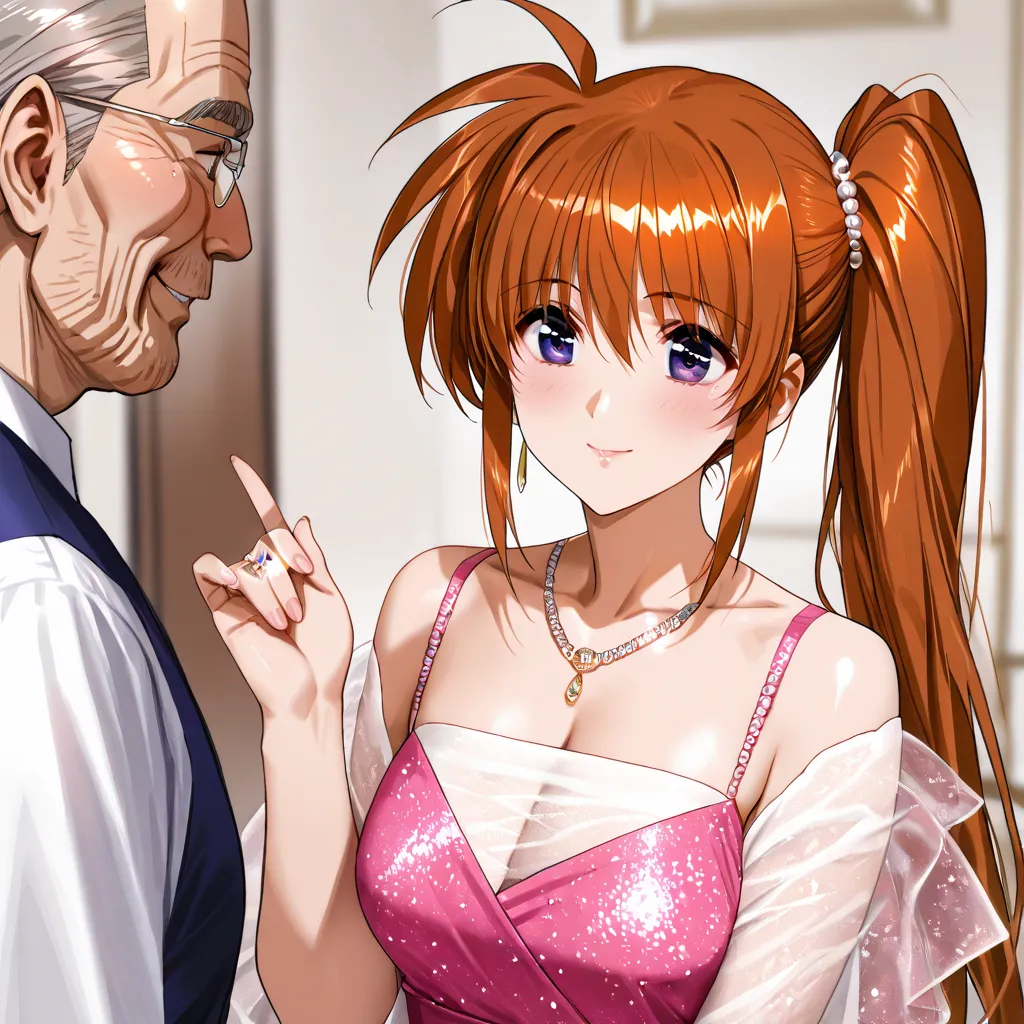 ((top quality)), ((masterpiece)), (details), （perfect face）、Nanoha Takamachi, who has excellent proportions, is a housewife who gently smiles and devotes herself to her husband, becomes a celebrity wife who wears gorgeous and high-class celebrity clothes a...