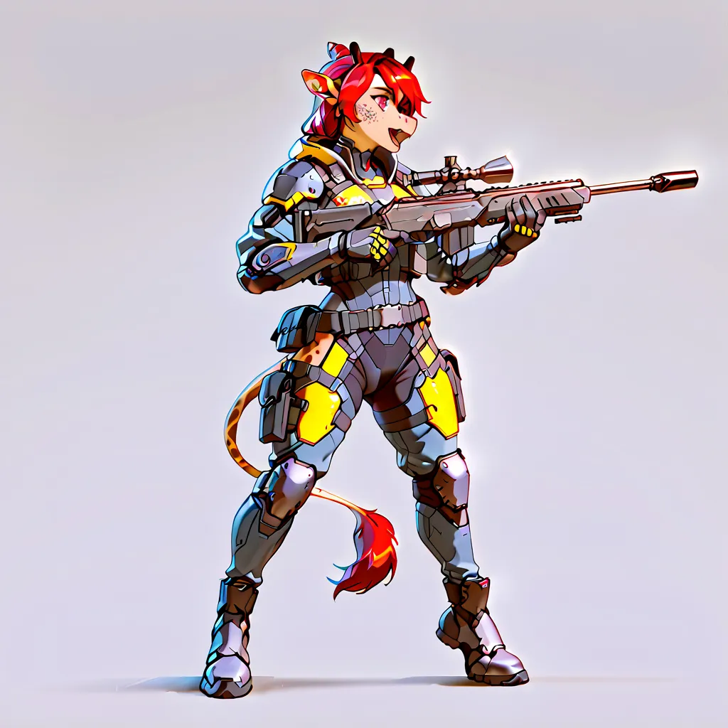 Antro Furry giraffe Cyber suit, cyberpunk with sniper rifle, Slim figure, Yellow cyber suit with dark spots, solo,  Masterpiece , Realistic Anatomy, high detail, Yellow cyber combat suit, gun - sniper rifle, background - cyberpunk street