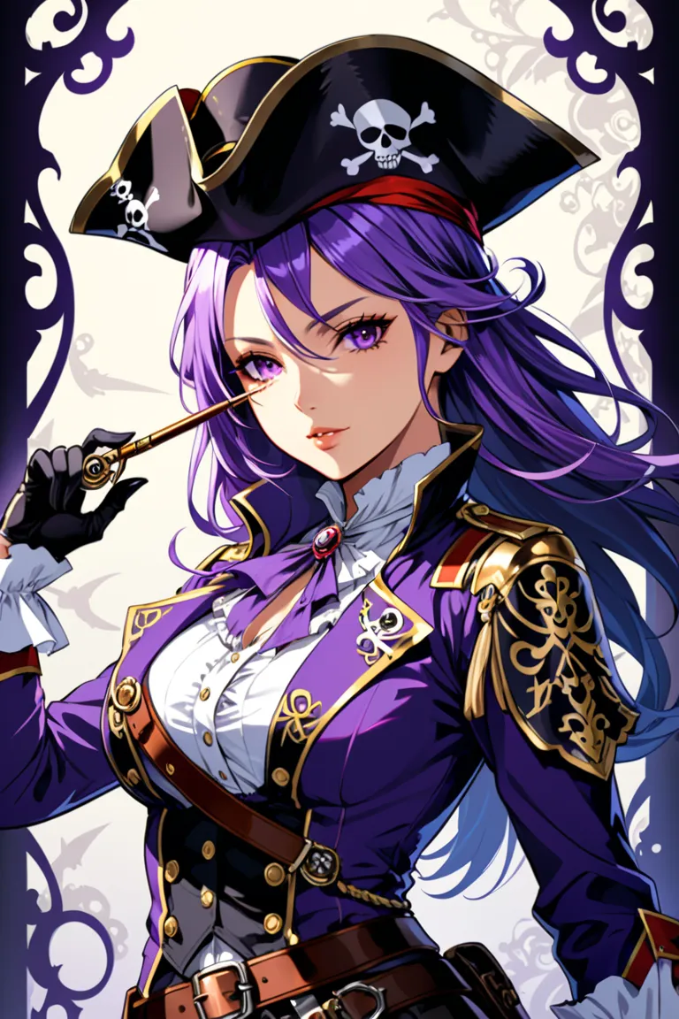 in style of Carl Eugen Keel
1girl,character concept design,half body,pirate feather pointed hat,violet uniform,white shirt,flintlock,extreme elegance,extremely complex details,extreme and bold use of color,extremely detailed and exquisite pattern,bright li...