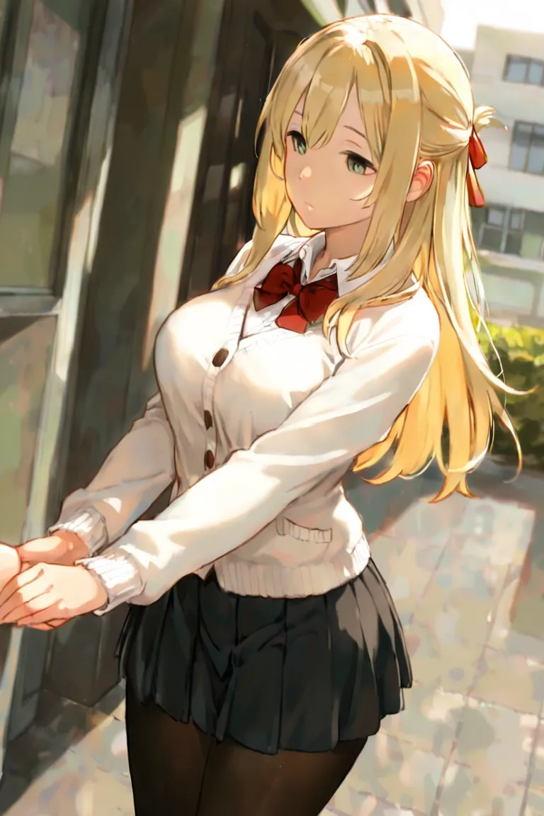  high school girl outside the school building, blonde hair that stretches to the waist ,white knitted cardigan, with red ribbon on the collar,black pleated skirt,black tights at a distance,has a straight, half-up hairstyle,The system is slender,Pale green ...