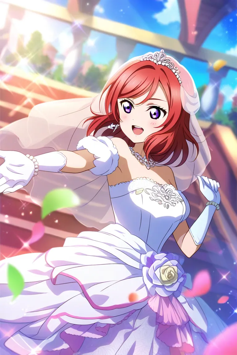 Maki Nishikino, red hair, purple eyes, arriba, short hair, love live anime style in wedding dress