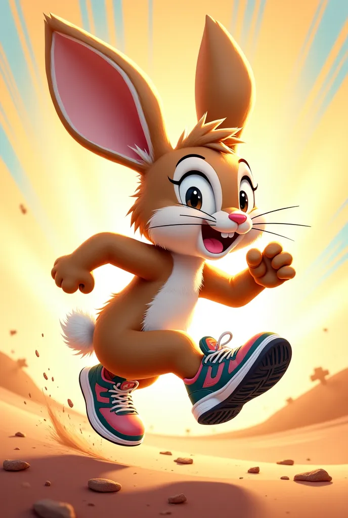 An animated-style illustration of a lively rabbit running while wearing sporty, athletic shoes inspired by iconic sneaker designs. The shoes are sleek, modern, and detailed, with a dynamic look that suggests speed and agility. The rabbit has fluffy fur, bi...