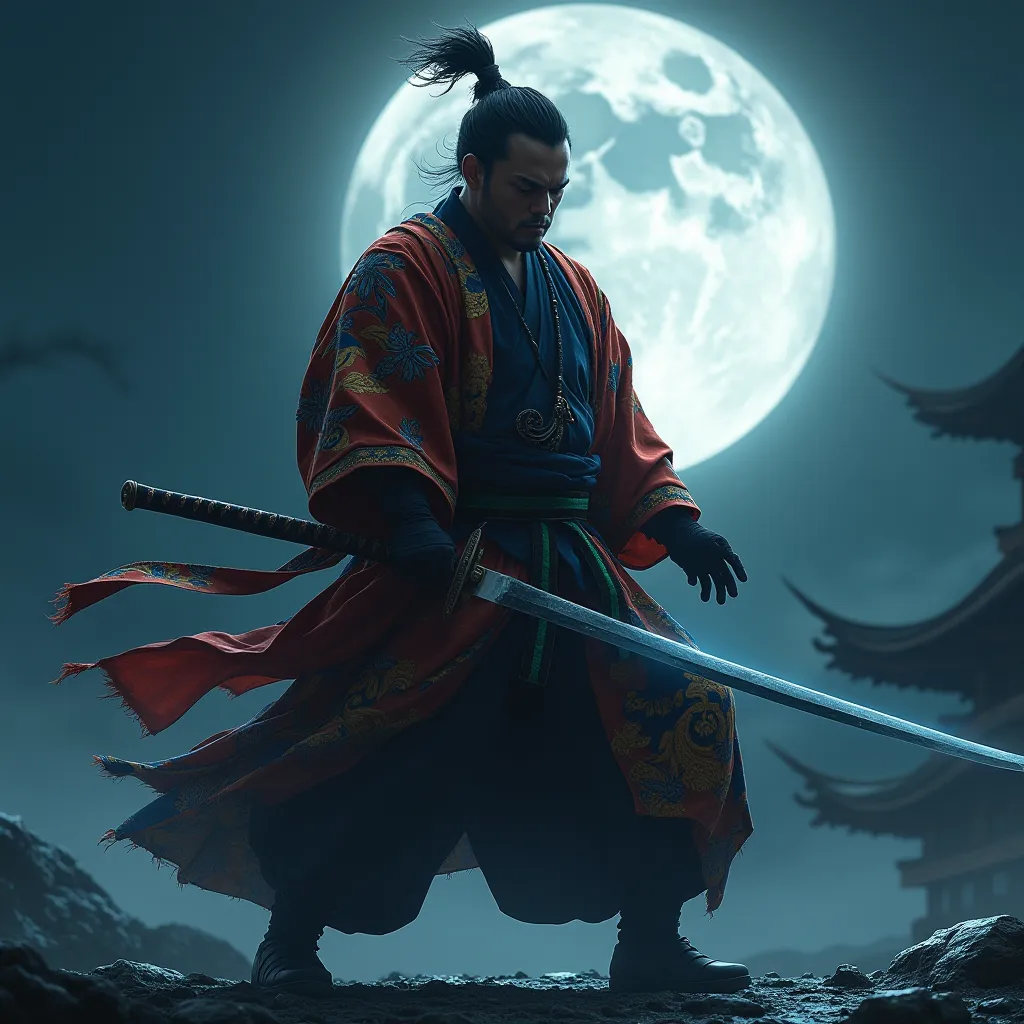 Angry tiger samurai with kimono holding a sharp katana under the moon 