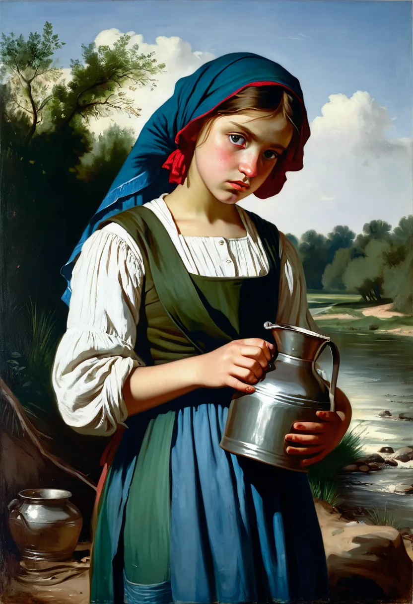 A painting of a girl holding a broken jug on the bank of a river, the jug has a broken bottom, a sad look in her brown eyes, a dark green apron over a blue dress, a white kerchief on her shoulders, a red headscarf on her head, Charles Sillem,