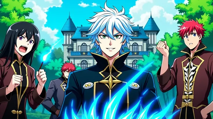 Anime Style. A young man with blue-white hair partially covering one eye, with a small beard, stands in the center of the stage. He wears a black uniform with gold inserts and white details. His face expresses confidence and a slight smile. Blue magic crys...