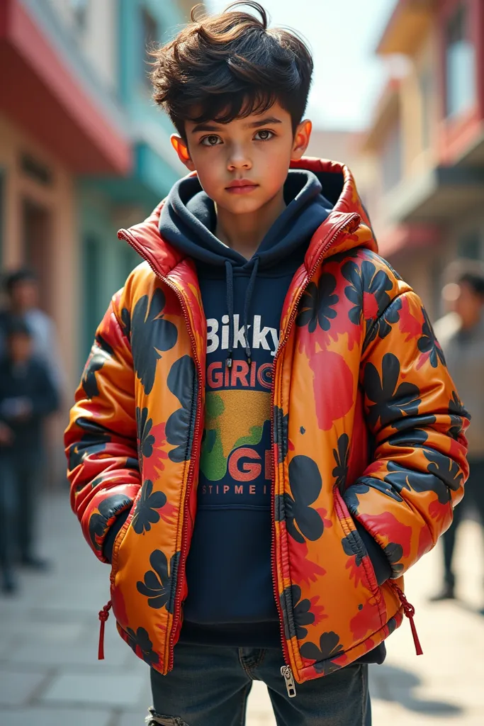 The boy wear a coat with Bikky name
