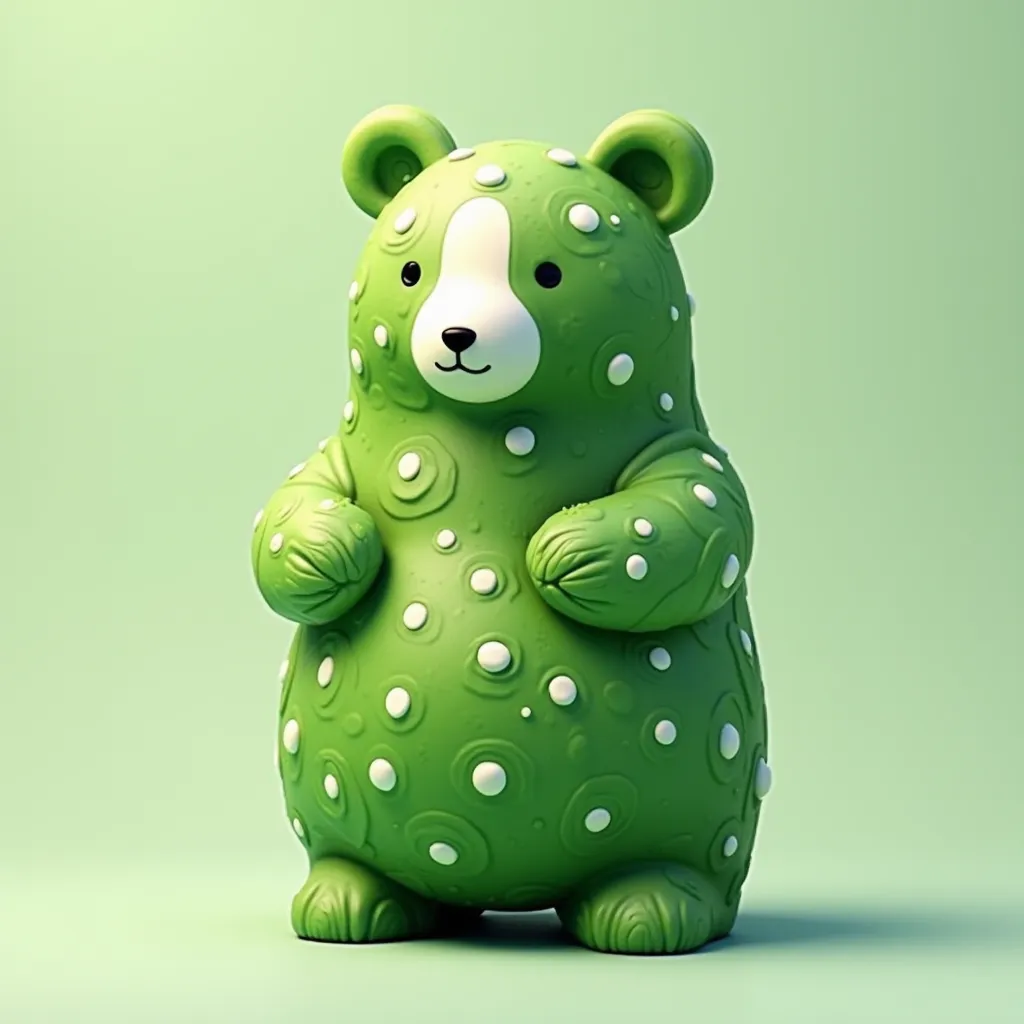 Green gummy bear with lots of white dots as if it were a green panda, The texture of your skin looks like a plant