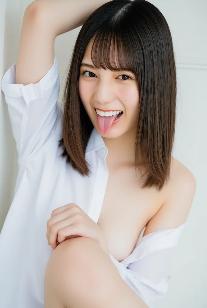 High quality images of cute Japanese women、looking at camera、upper body、(smile、stick out their tongues、Beautiful Tongue)、white loose fit open shirt、 underwear、beautiful breasts