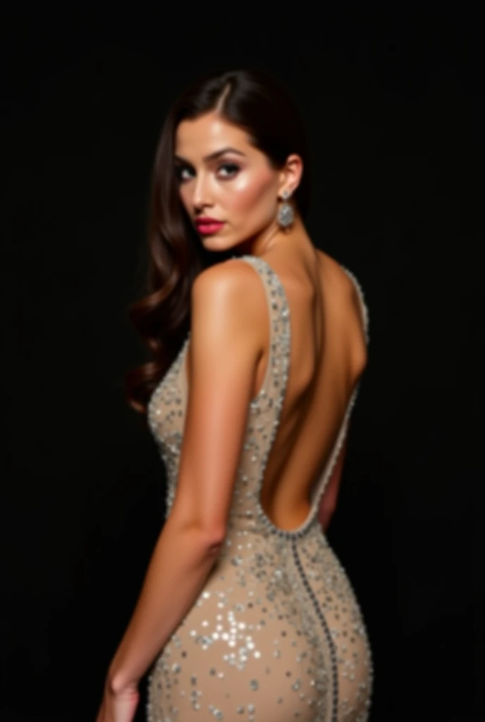 High-resolution photograph, realistic style, of a woman wearing a beige evening gown with a completely open back and a plunging neckline. The dress should have sparkling details or embroidery. The woman should have long, dark hair, partially pulled back. T...