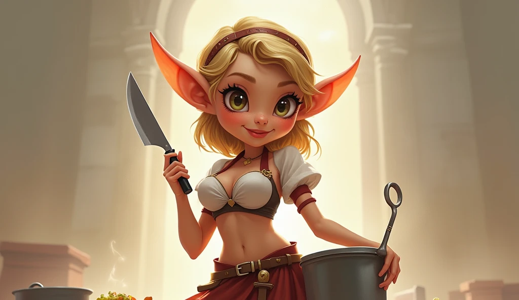 Cute fantasy elf female chef, long pointy ears, large expressive eyes, lively expression, well-endowed, short and revealing fantasy outfit, wearing an apron, soft lighting, warm color scheme, high-quality illustration, fantasy art style, detailed rendering...