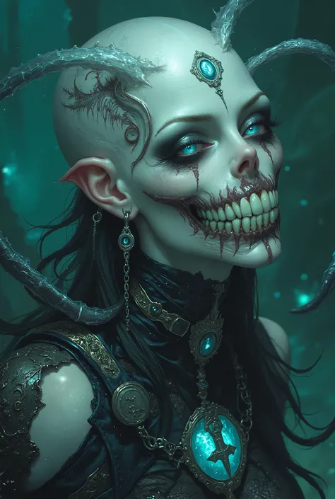 iridescent eyes, scary and sexy detailed art in color, Portrait, (beautiful and obscene female alien:1.4), (vulgarity1.7), (Translucent white skin:1.4), (There is a female genital-like organ in the middle of the forehead:2.3), (The most beautiful face in t...