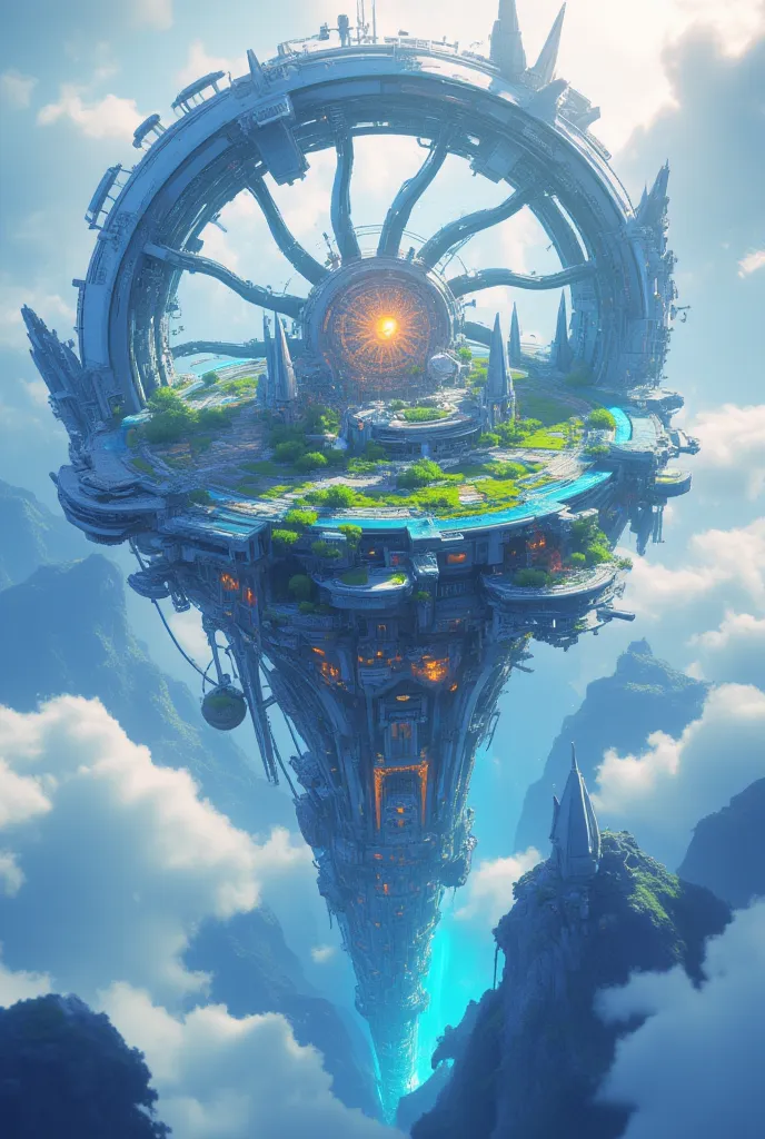 a floating city in the sky, giant fan propeller underneath, shot from the bottom