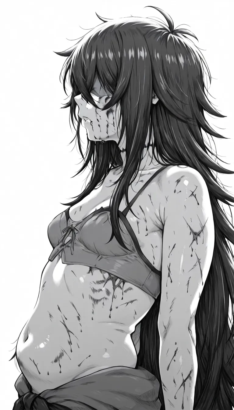 kanekistatus, greyscale, 1girl, solo, s3ntoinxx, ((black hair)), very long hair, hair between eyes, crossed bangs, black choker, ((small breasts)), shaded face, ((flabby stomach)), plump, injury, blood, blood on face, blood on arm, cuts, bruise, ((covered ...